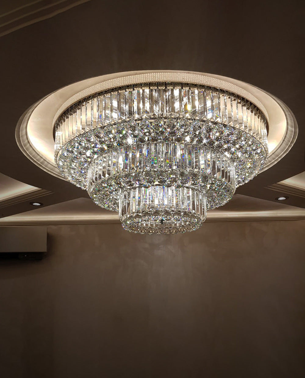 39 Inch Round Crystal Ceiling Light Tiered Flush Mounted Chandelier for Low Ceiling Room-大吊灯-Manorlights