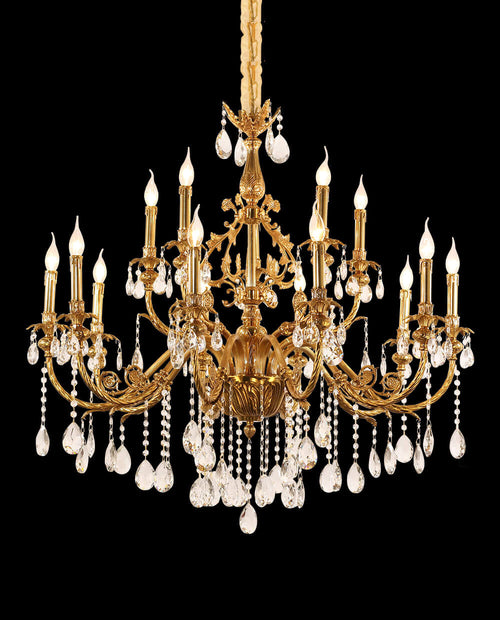 43X39 Inch 15 Lights Two-tier Traditional Brass and Crystal Chandelier for Living Room-铜灯-Manorlights