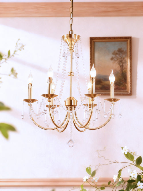 6 Lights Small Traditional Candle Style Brass and Crystal Chain Chandelier for Dining Room-铜灯-Manorlights