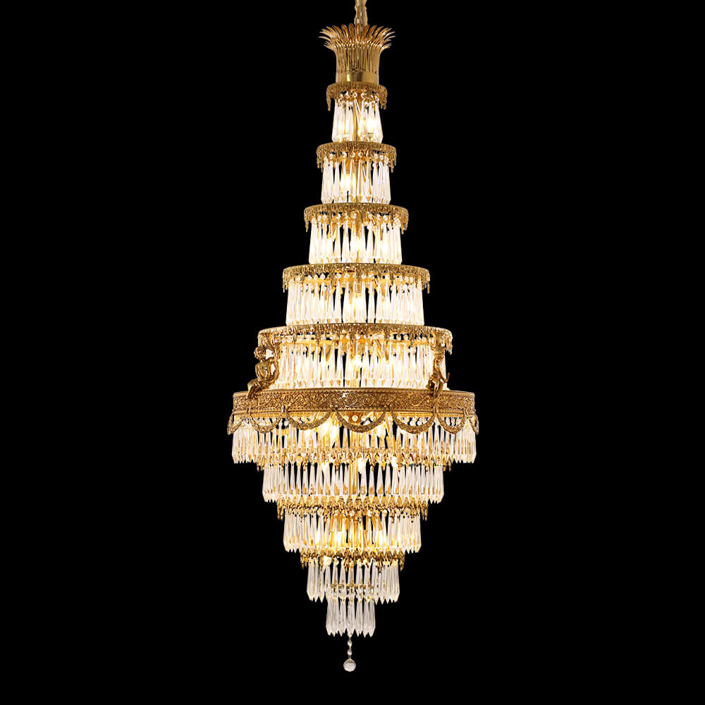 35X83 Inch Big Foyer Lighting Cascading French Empire Brass and Crystal Chandelier-大吊灯-Manorlights
