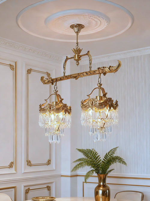 35 Inch Linear Chandelier Antique Copper and Crystal Kitchen Island Chandelier-铜灯-Manorlights
