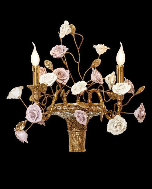 2 Lights Antique Brass Wall Lamp Porcelain Flower Wall Lamp-壁灯-Manorlights