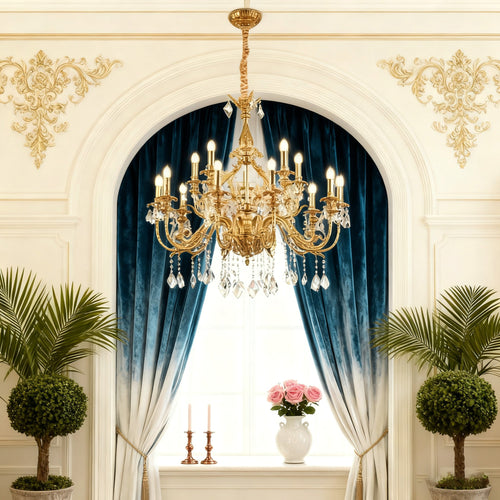 43X39 Inch 15 Lights Two-tier Traditional Brass and Crystal Chandelier for Living Room-铜灯-Manorlights