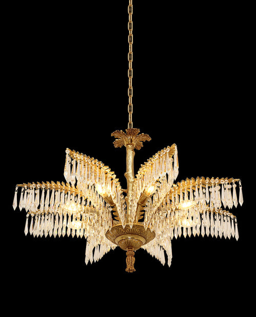 22 Inch Wide 1 Layer Small Brass Palm Tree Crystal Chandelier Light for Bedroom-铜灯-Manorlights