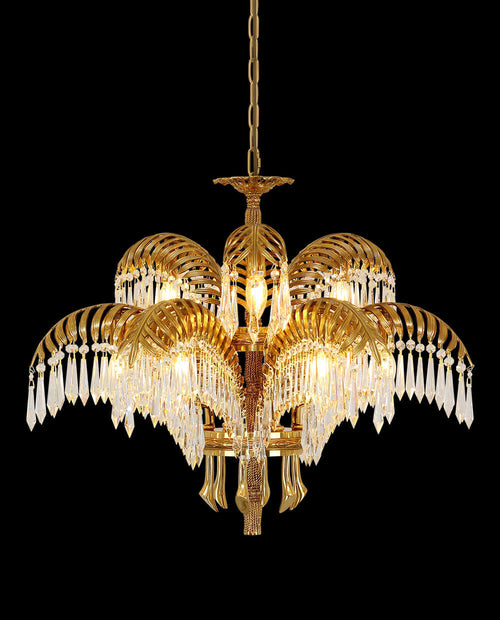 30 Inch Wide 2-Layer Palm Tree Brass and Crystal Chandelier Light-铜灯-Manorlights