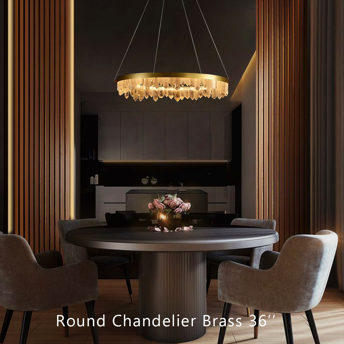 Designer 36 Inch Round Modern Chandelier Brass & Clear Geode Quartz Crystal Hanging Light-Chandelier-Manorlights