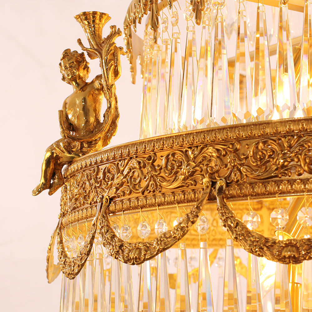35X83 Inch Big Foyer Lighting Cascading French Empire Brass and Crystal Chandelier-大吊灯-Manorlights