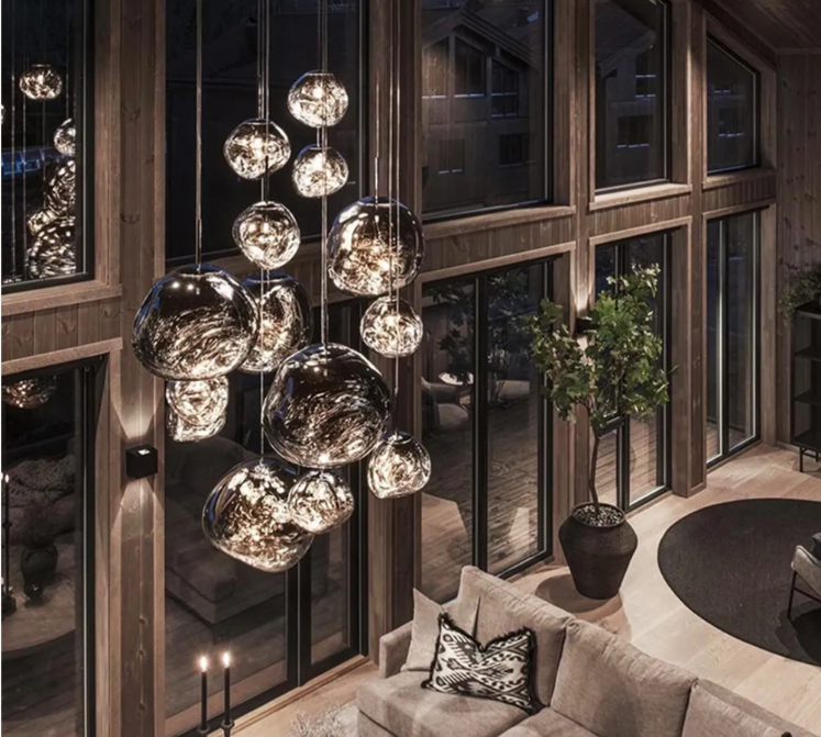 Custom lava glass chandelier in smoky gray and amber