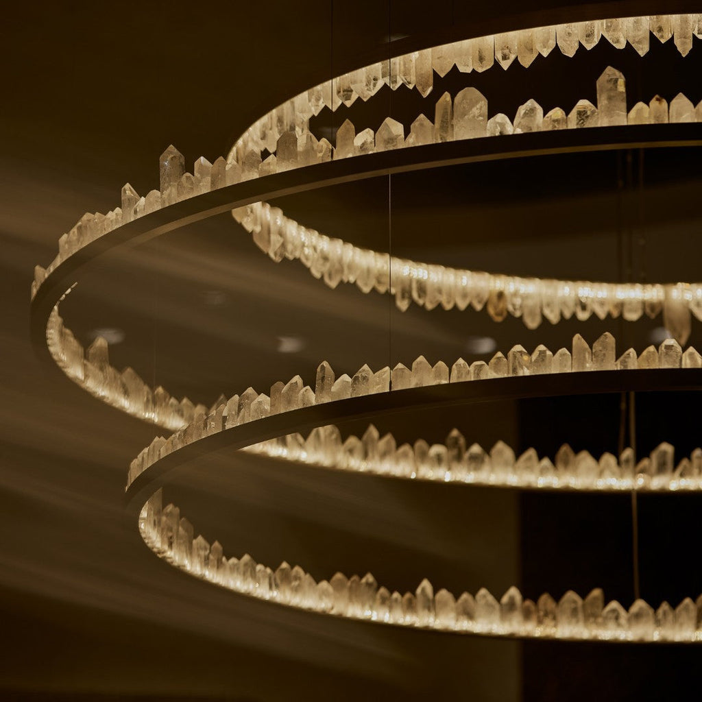 Designer 36 Inch Round Modern Chandelier Brass & Clear Geode Quartz Crystal Hanging Light-Chandelier-Manorlights