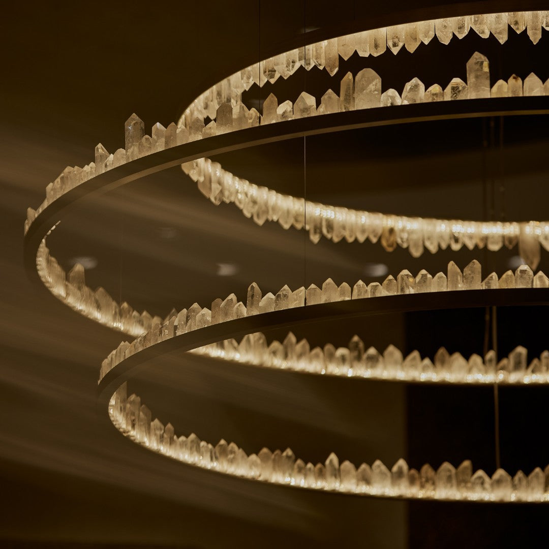 Designer 36 Inch Round Modern Chandelier Brass & Clear Geode Quartz Crystal Hanging Light-Chandelier-Manorlights