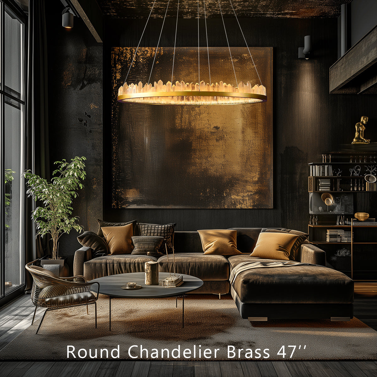 Designer 36 Inch Round Modern Chandelier Brass & Clear Geode Quartz Crystal Hanging Light-Chandelier-Manorlights
