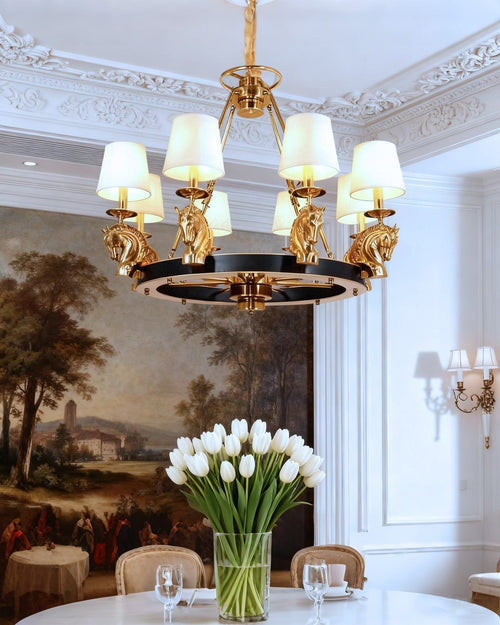 35X29 Inch 8 Lights Rococo Stype Cast Horse Head Antique Copper Chandelier Light-铜灯-Manorlights