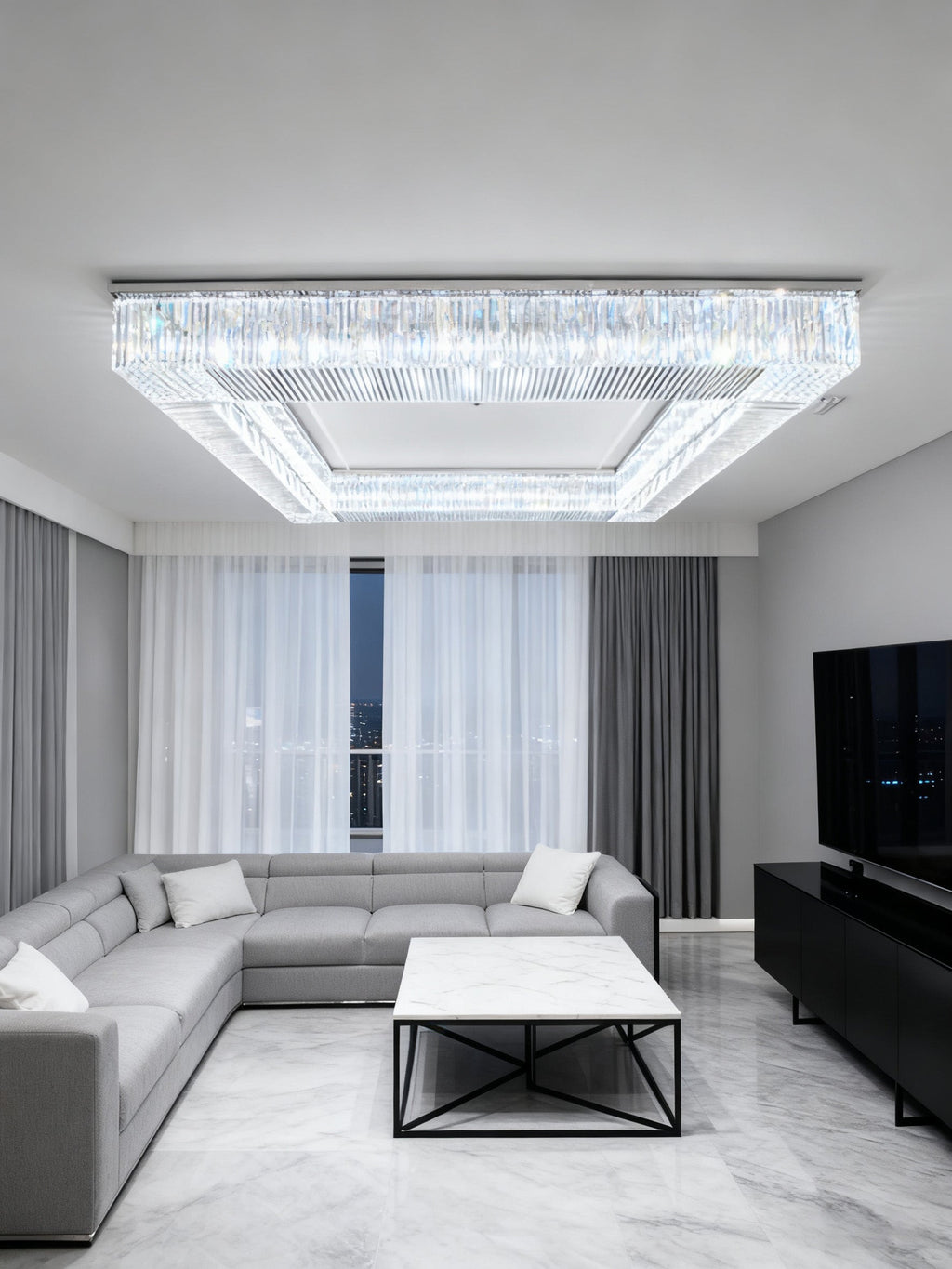 72 Inch Big Square Flush Mounted Chrome Crystal Chandelier for Living Room-吊灯-Manorlights
