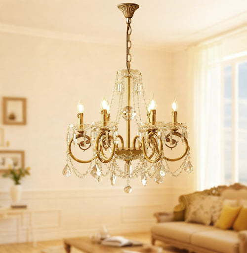 6 Lights Candle Style Small Brass and Crystal Chandelier for Bedroom-铜灯-Manorlights