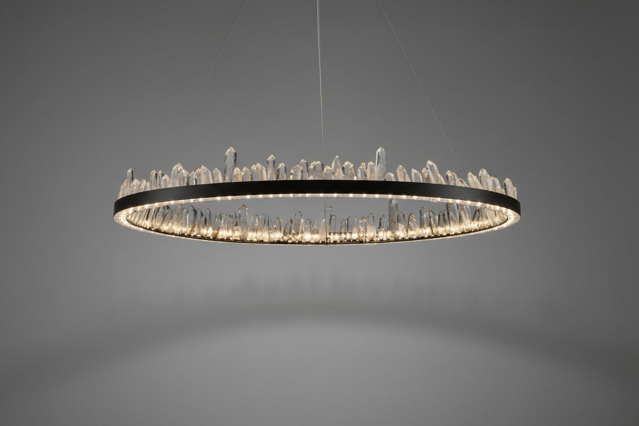 Designer 36 Inch Round Modern Chandelier Brass & Clear Geode Quartz Crystal Hanging Light-Chandelier-Manorlights