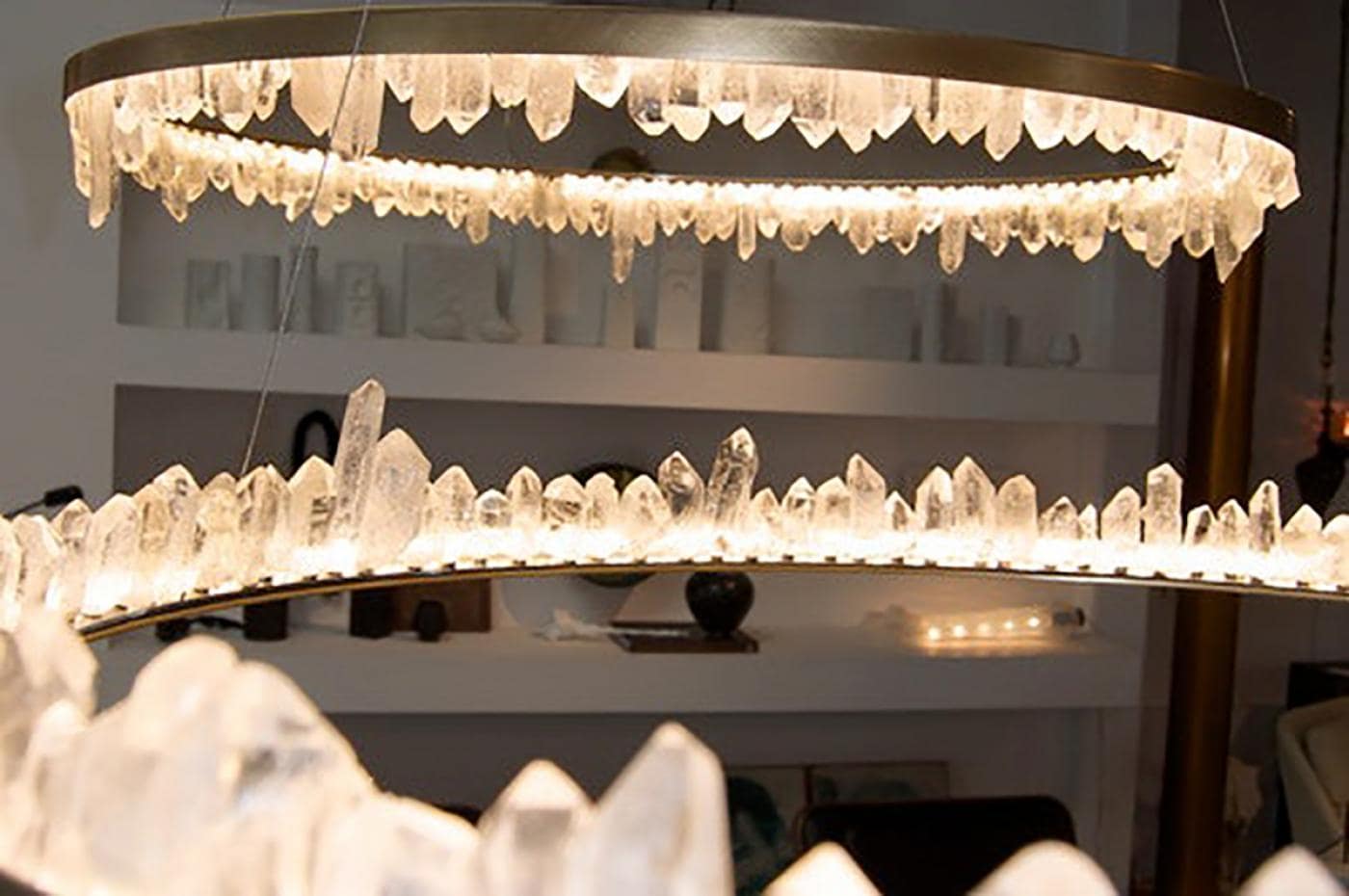 Designer 36 Inch Round Modern Chandelier Brass & Clear Geode Quartz Crystal Hanging Light-Chandelier-Manorlights