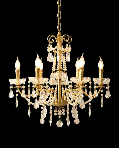 6 Lights Candle Style Small Gold Chandelier Luxury Brass Arm Chandelier with Acrylic Pearl Chains-铜灯-Manorlights