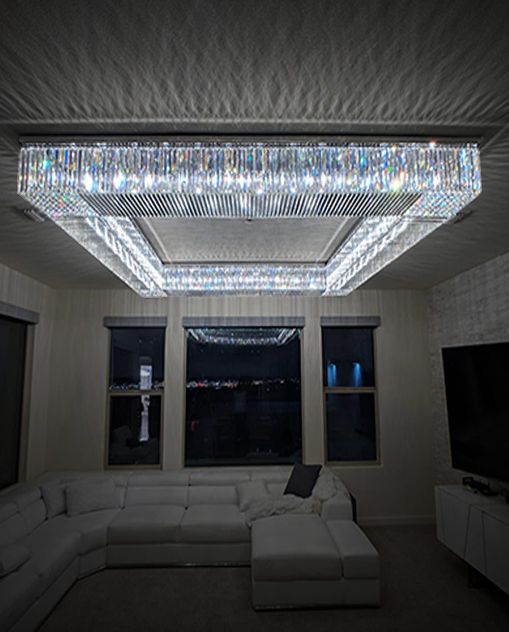 72 Inch Big Square Flush Mounted Chrome Crystal Chandelier for Living Room-吊灯-Manorlights