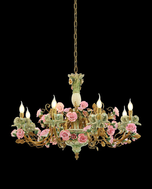 35X24 Inch 8 Lights Brass Chandelier and Green & Pink Porcelain Flower Chandelier-铜灯-Manorlights