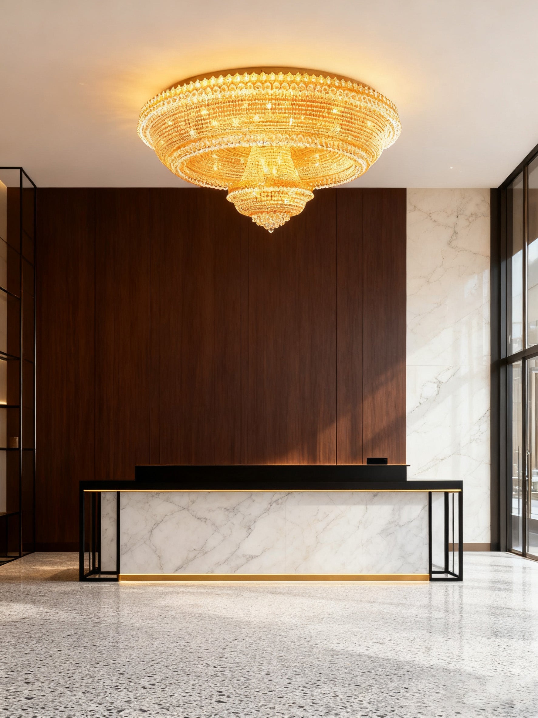 59 Inch Big Round Gold Flush Mounted Crystal Chandelier for Banquet Hall-大吊灯-Manorlights