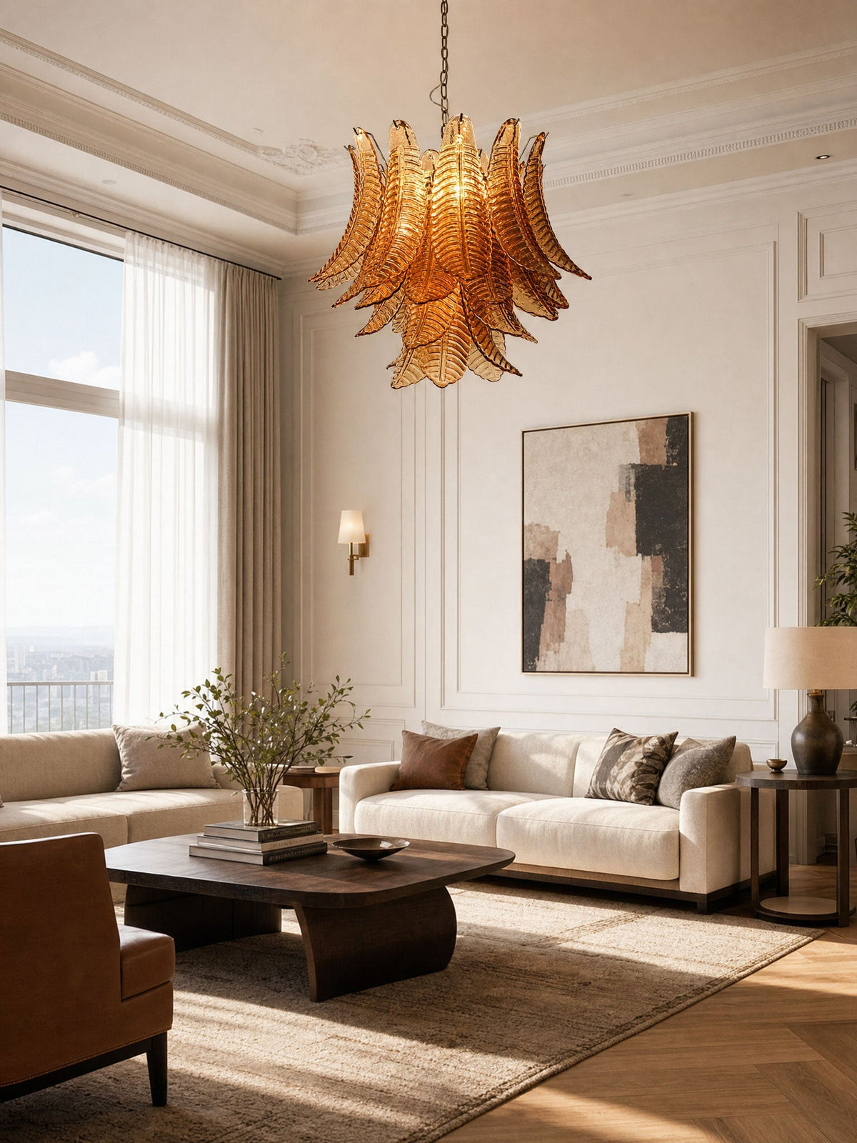 Amber Glass Leaf Chandelier Glass lighting by Manorlights