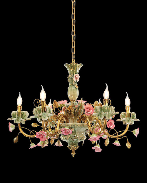 31X24 Inch 6 Lights Brass Chandelier and Green & Pink Porcelain Flower Chandelier-铜灯-Manorlights
