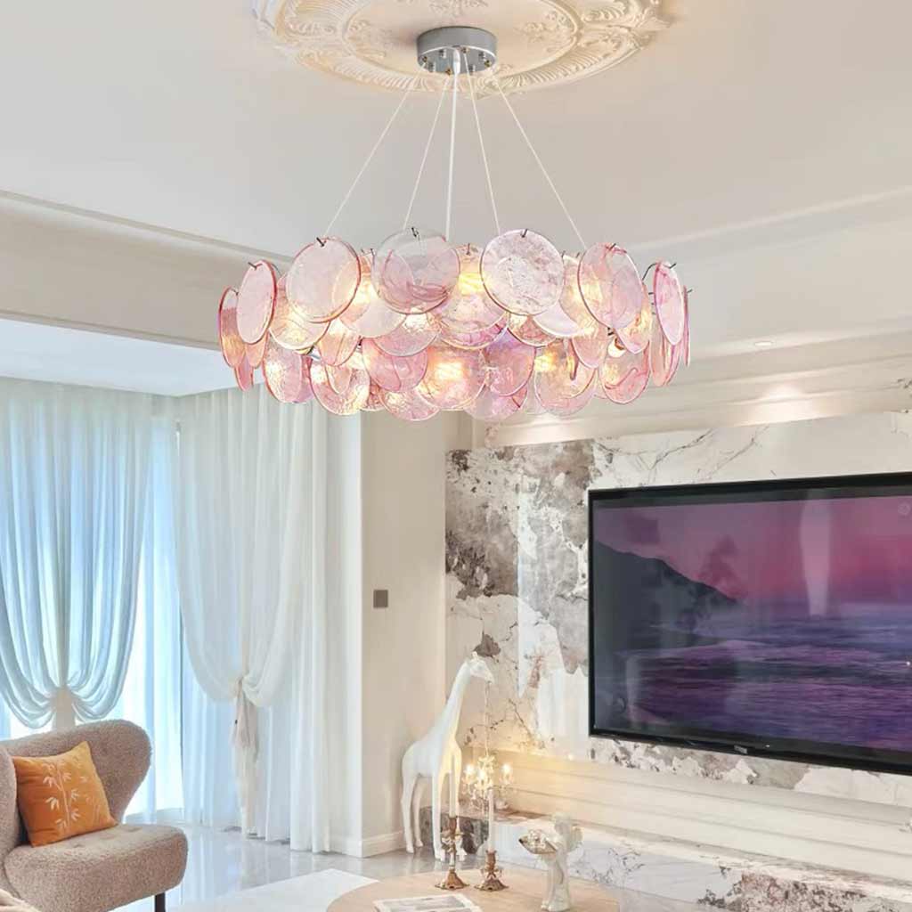 Murano-Style Glass Disc Chandelier – Pink or Green