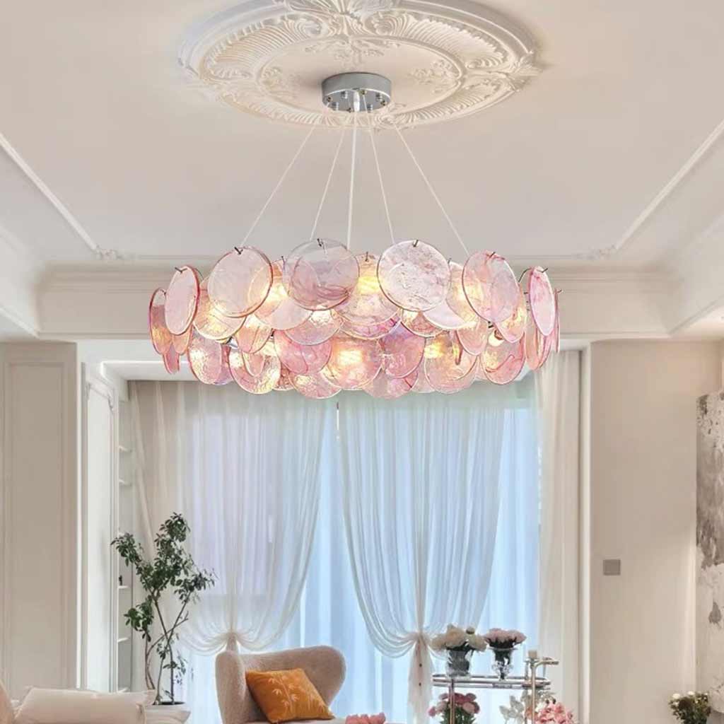 Murano-Style Glass Disc Chandelier – Pink or Green