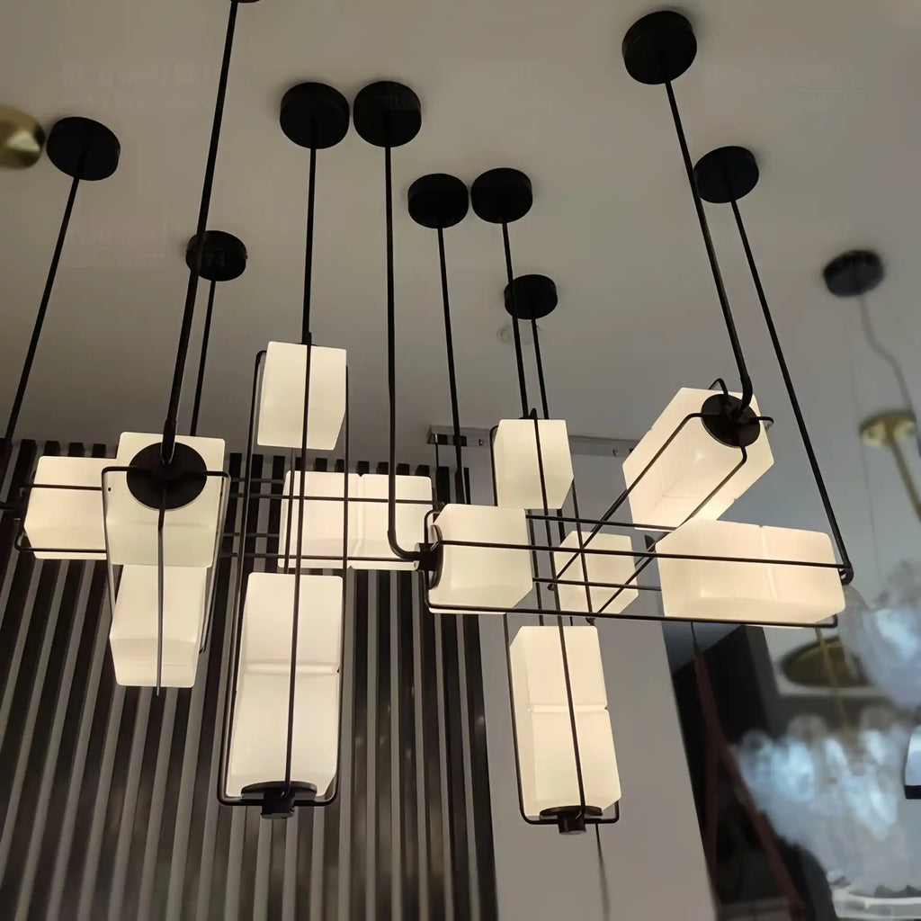 Designer Modern Geometric Grid-Form Handblown Glass Chandelier for Low Ceilings-Manorlights