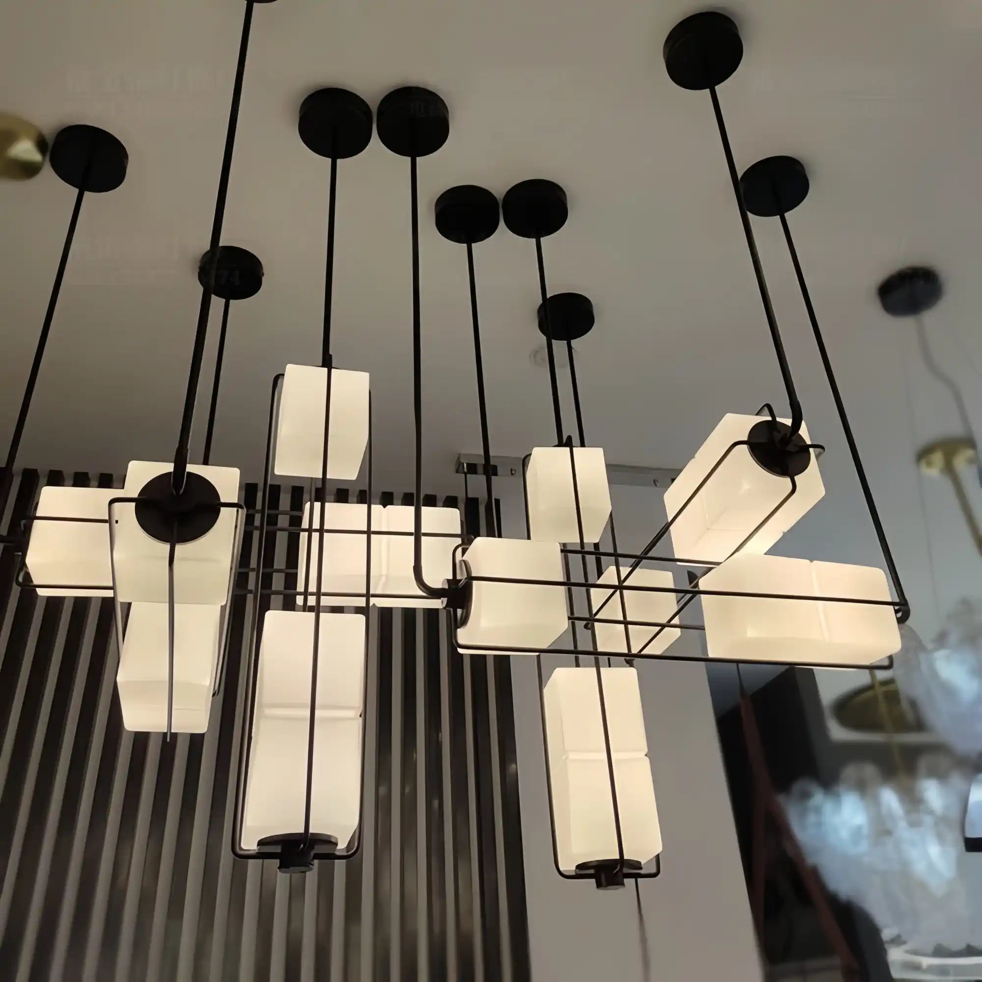 Designer Modern Geometric Grid-Form Handblown Glass Chandelier for Low Ceilings-Manorlights