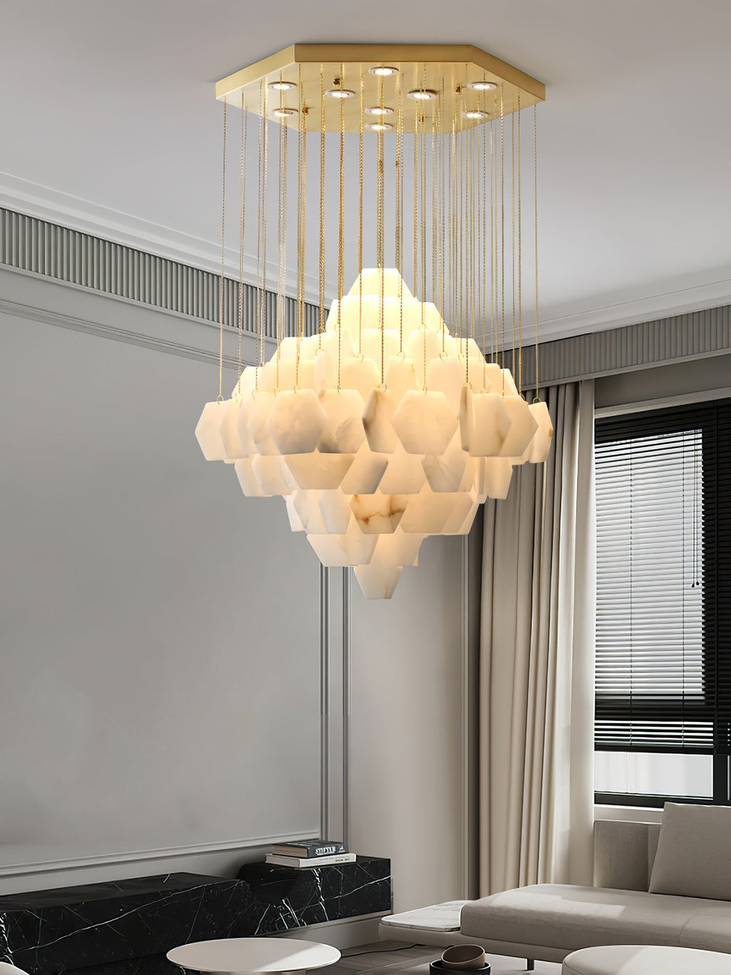 Elegant Hexa Alabaster Cascade Chandelier-Chandelier-Manorlights