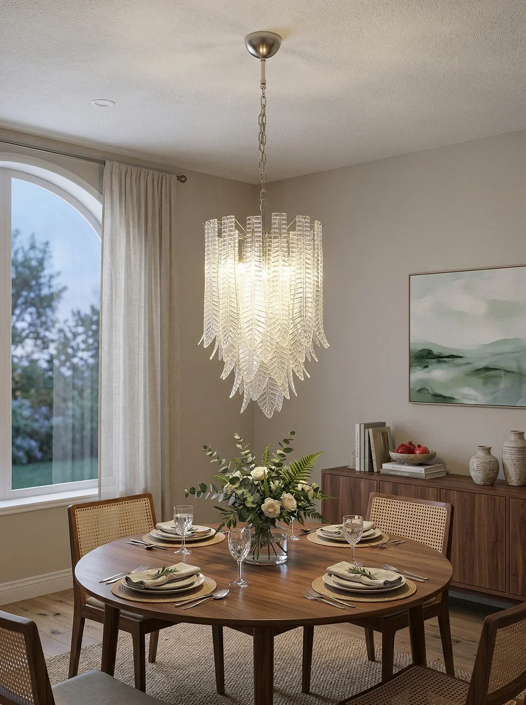 Leaf-Textured Layered Glass Chandelier material and finish detail