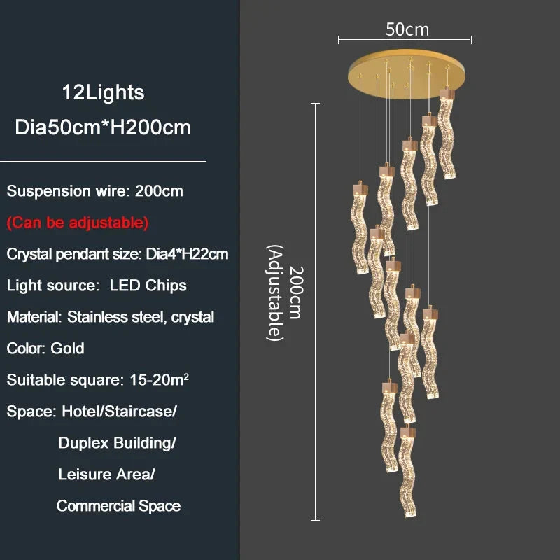 Modern Gold Long Crystal Hanging Light Fixture for Staircase for high ceiling staircase and foyer lighting