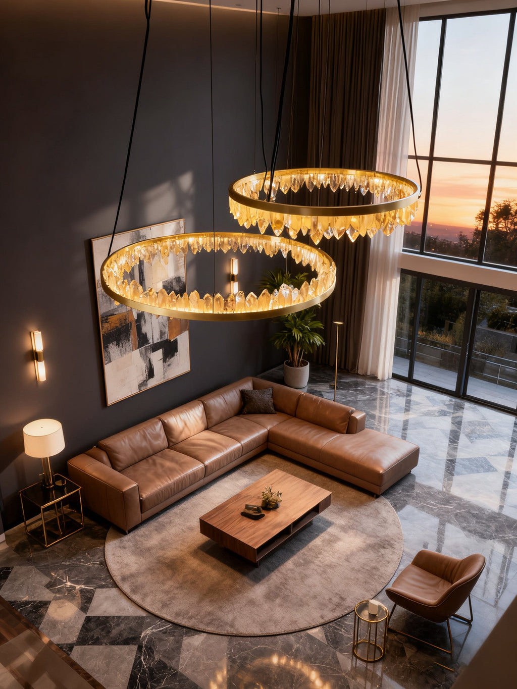 36 Inch Round Modern Chandelier Brass & Clear Geode Quartz Crystal Hanging Light-现代灯-Manorlights
