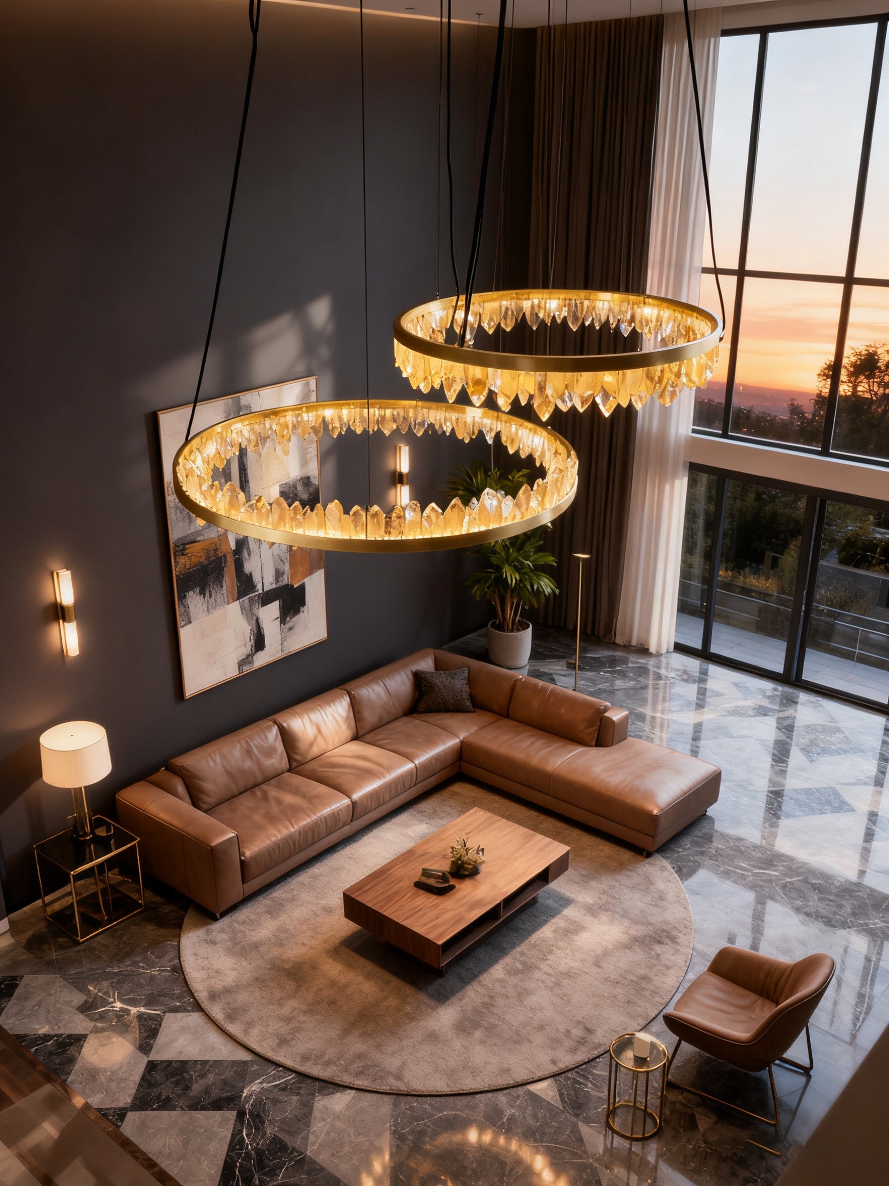 36 Inch Round Modern Chandelier Brass & Clear Geode Quartz Crystal Hanging Light-现代灯-Manorlights