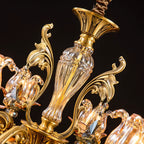 Vintage Brass Crystal Chandelier with Amber Glass Flower Shades