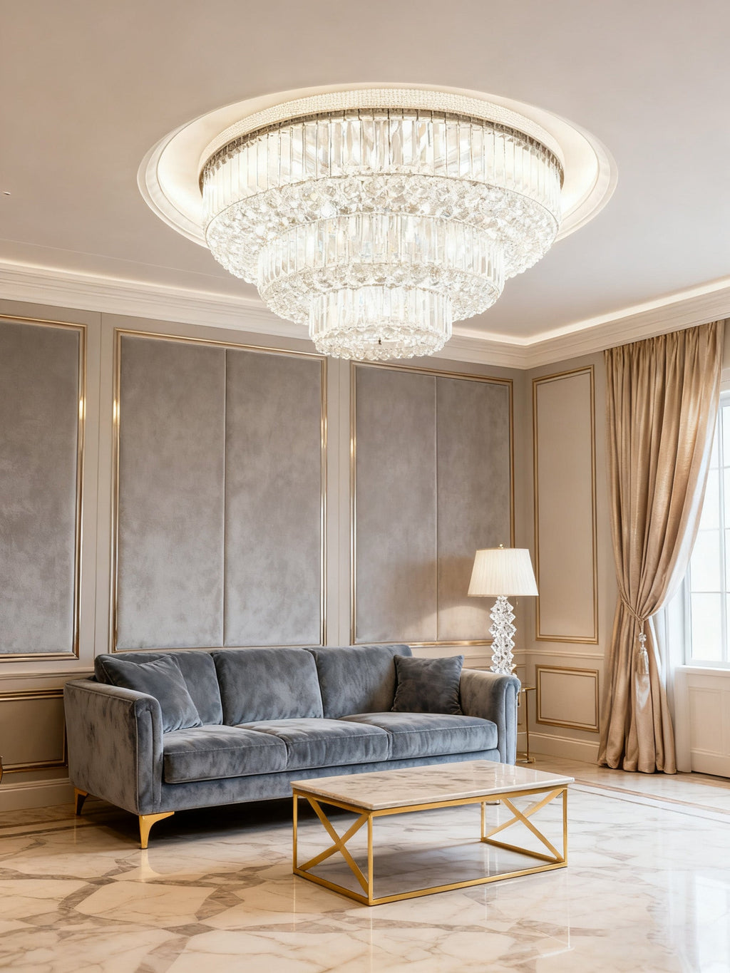 39 Inch Round Crystal Ceiling Light Tiered Flush Mounted Chandelier for Low Ceiling Room-大吊灯-Manorlights