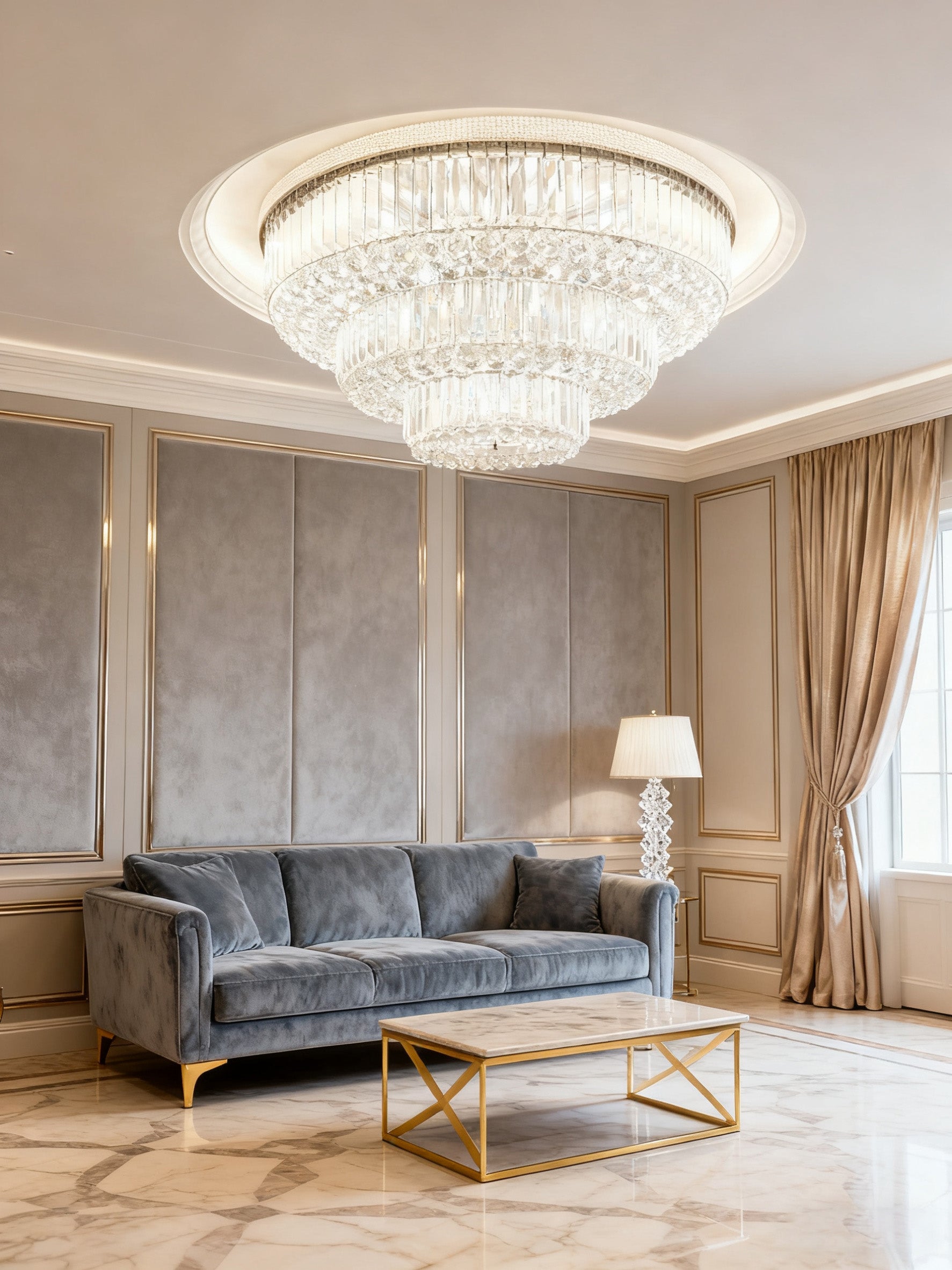 39 Inch Round Crystal Ceiling Light Tiered Flush Mounted Chandelier for Low Ceiling Room-大吊灯-Manorlights