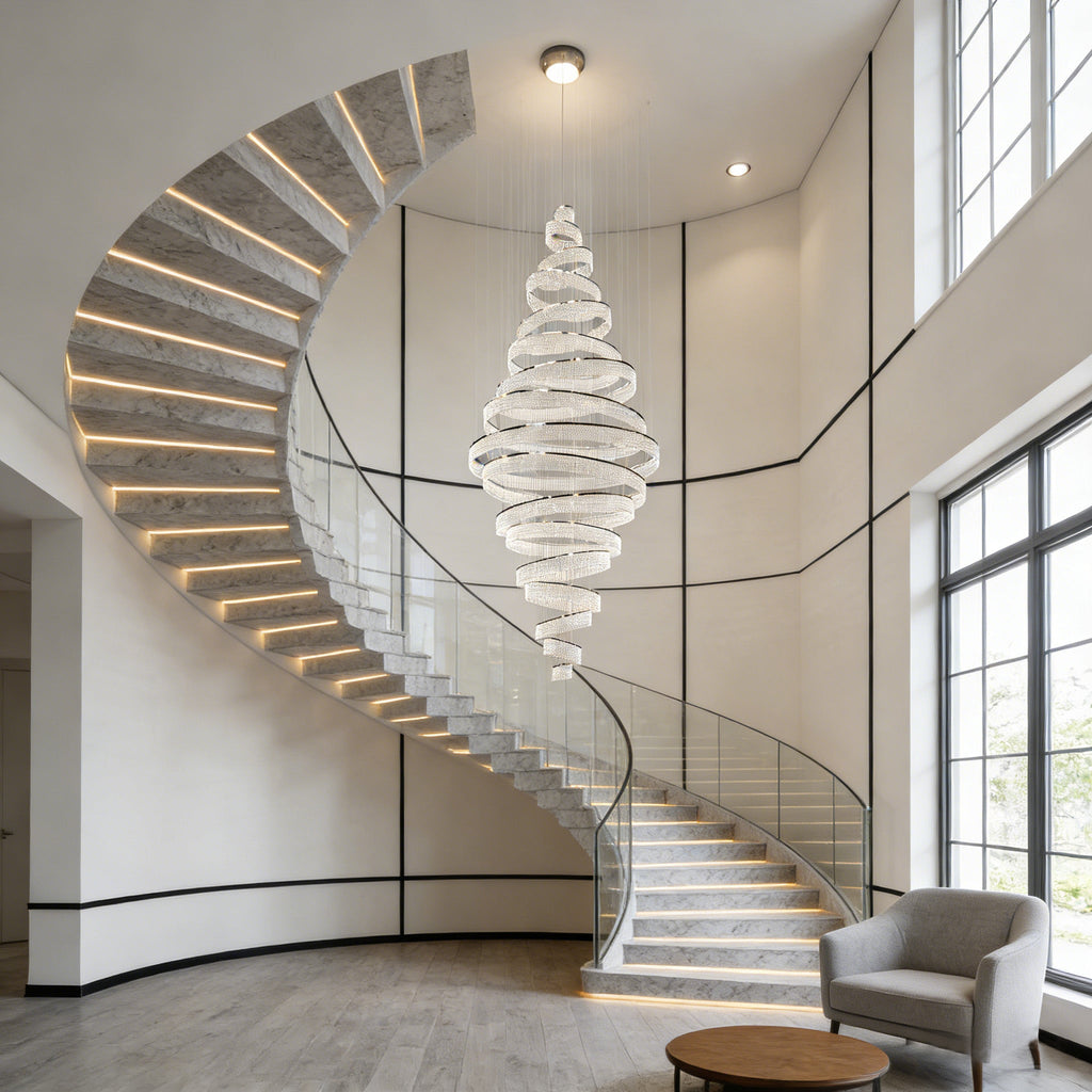 17 Crystal Rings Pendant Light 71X216 Inch Spiral Staircase Chandelier for High Ceilings-大吊灯-Manorlights