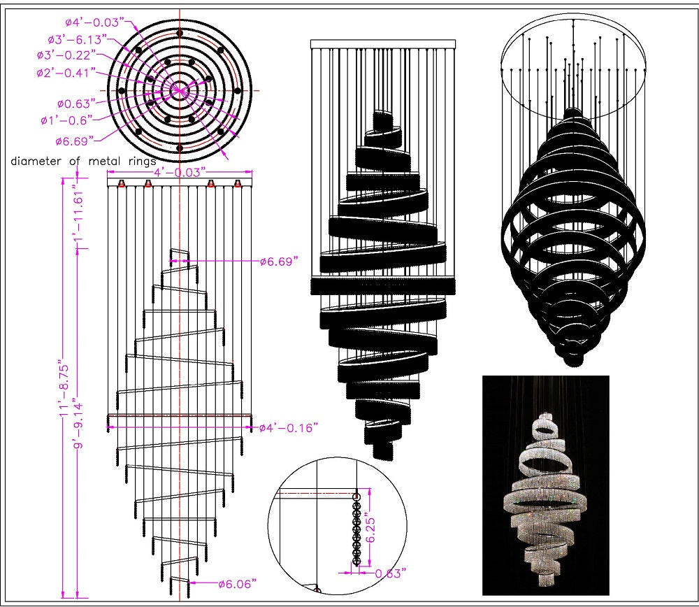 17 Crystal Rings Pendant Light 71X216 Inch Spiral Staircase Chandelier for High Ceilings-大吊灯-Manorlights