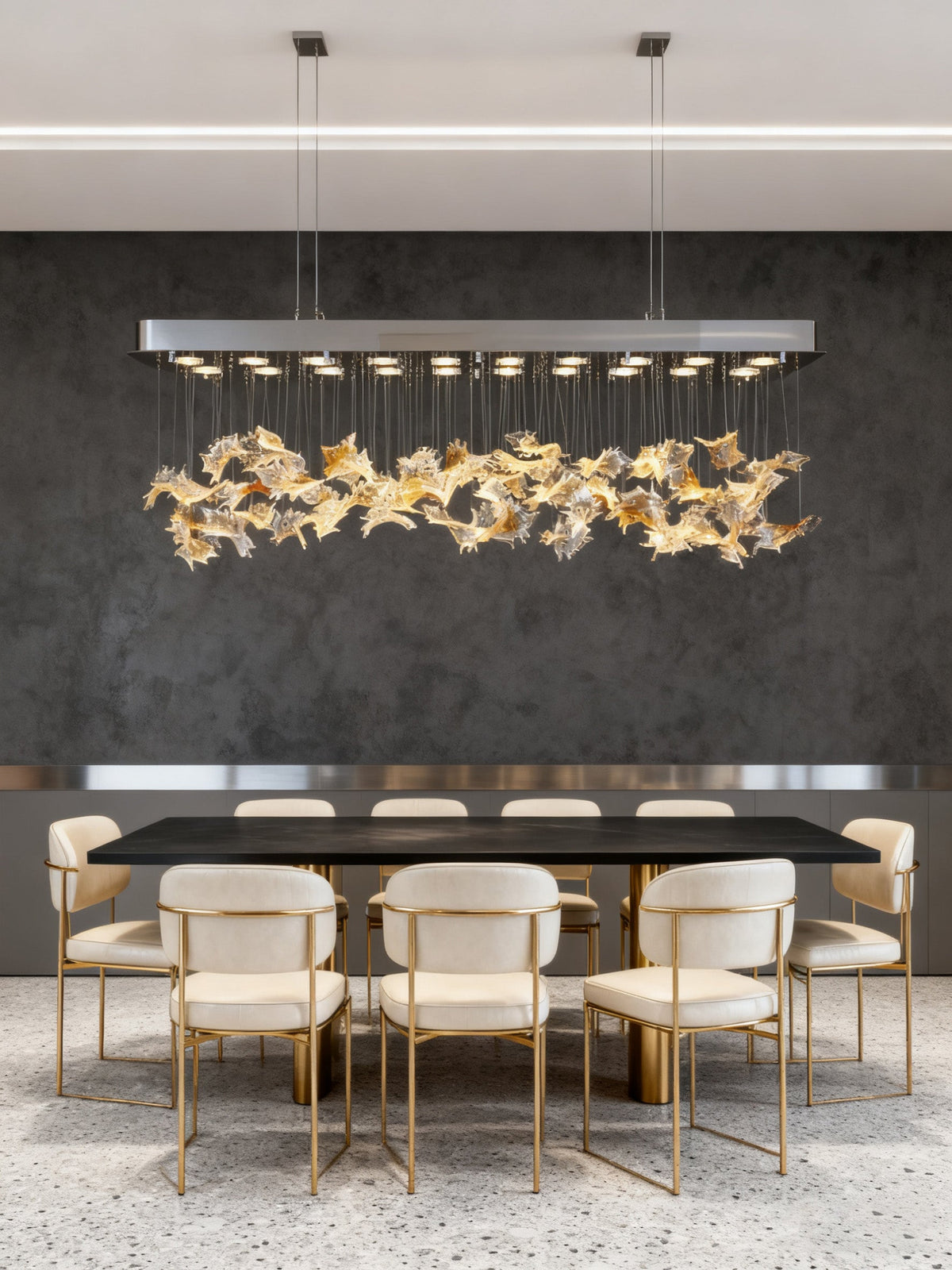 modern linear chandelier proportion above dining table