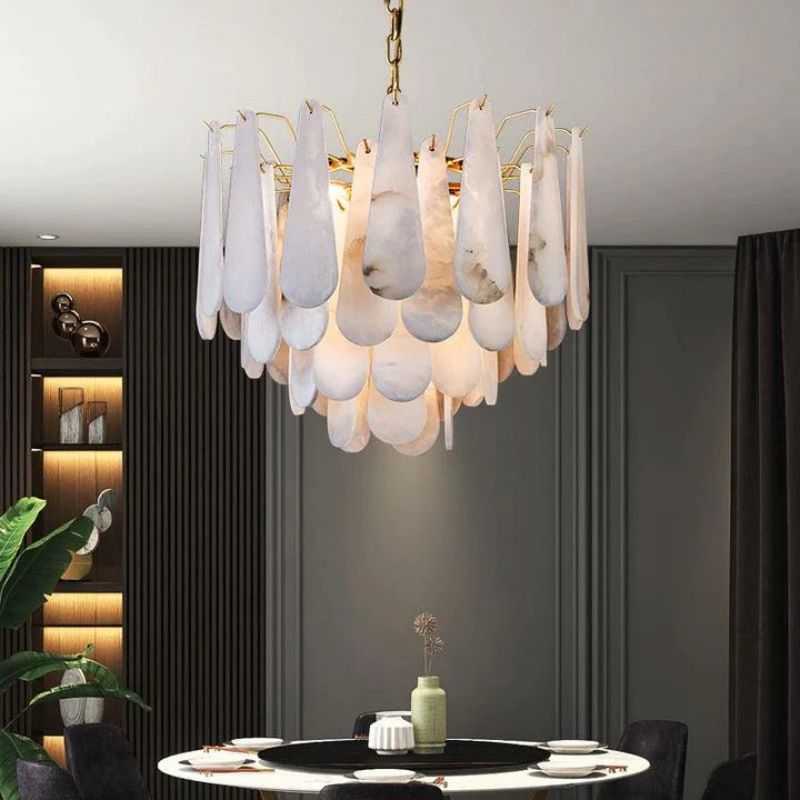 alabaster chandelier creating warm atmosphere in luxury interior