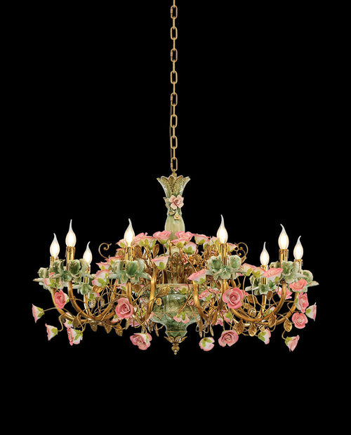 39X28 Inch 10 Lights Brass Chandelier and Green & Pink Porcelain Flower Chandelier-铜灯-Manorlights