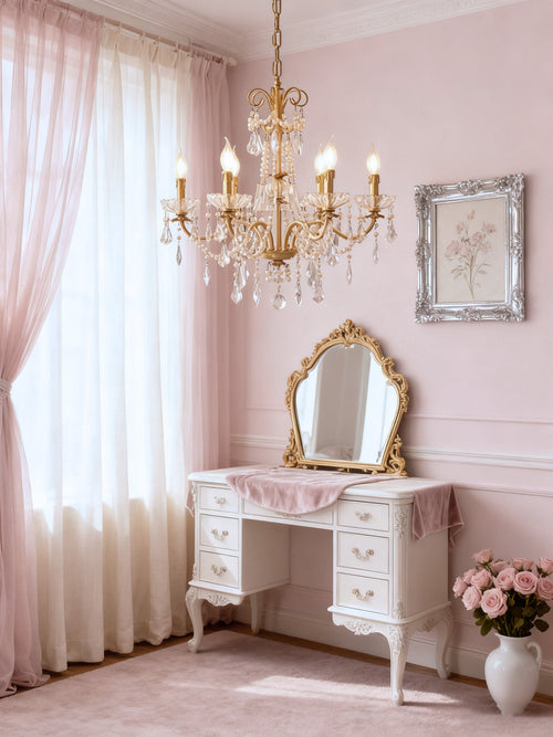 6 Lights Candle Style Small Gold Chandelier Luxury Brass Arm Chandelier with Acrylic Pearl Chains-铜灯-Manorlights