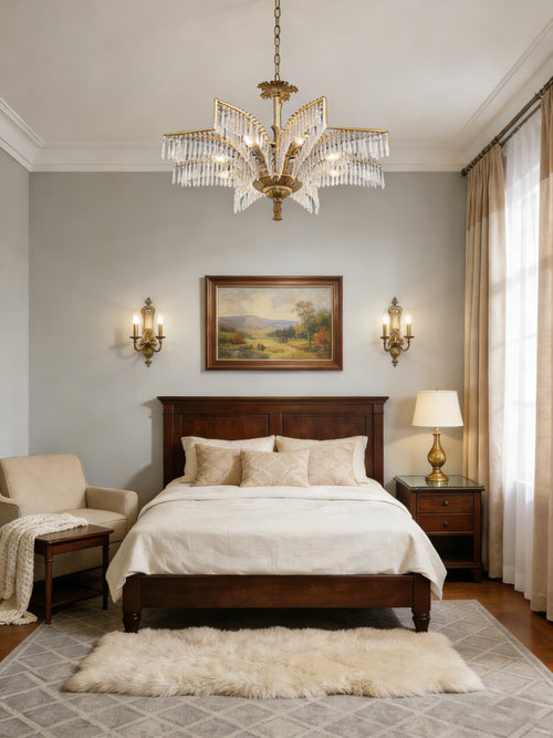 22 Inch Wide 1 Layer Small Brass Palm Tree Crystal Chandelier Light for Bedroom-铜灯-Manorlights