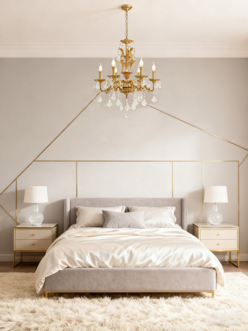 24X31 Inch 6 Lights Small Candle Style Brass and Crystal Chandelier Lighting for Bedroom-铜灯-Manorlights