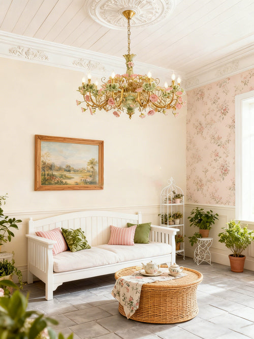 39X28 Inch 10 Lights Brass Chandelier and Green & Pink Porcelain Flower Chandelier-铜灯-Manorlights