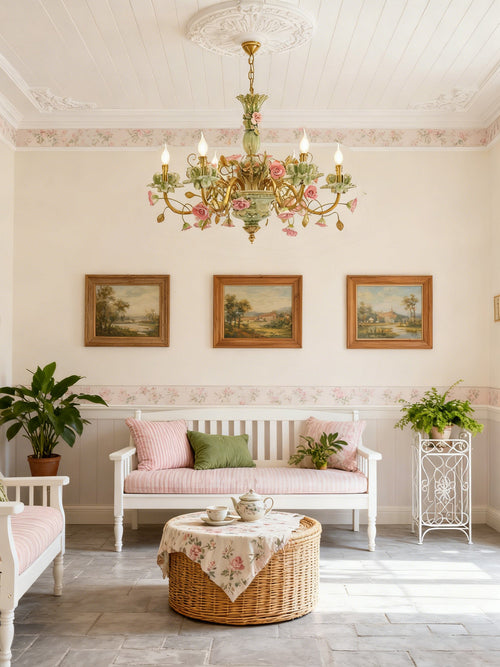 31X24 Inch 6 Lights Brass Chandelier and Green & Pink Porcelain Flower Chandelier-铜灯-Manorlights