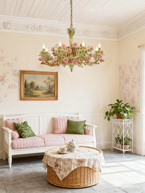 35X24 Inch 8 Lights Brass Chandelier and Green & Pink Porcelain Flower Chandelier-铜灯-Manorlights
