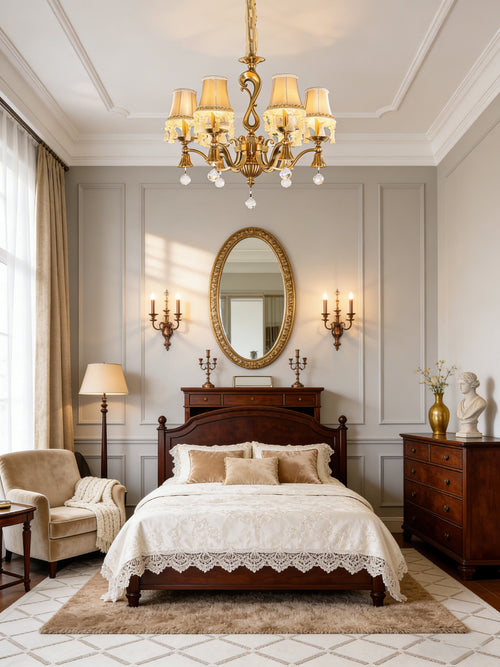 25X24 Inch 6 Light Elegant Antique Brass and Crystal Chandelier Light for Bedroom-铜灯-Manorlights